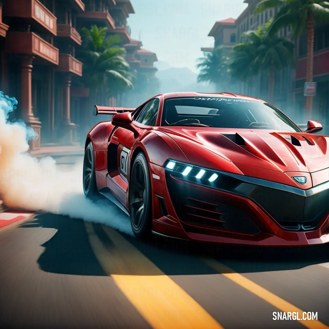 Red sports car driving down a street with smoke coming out of it's exhaust pipes and a building in the background