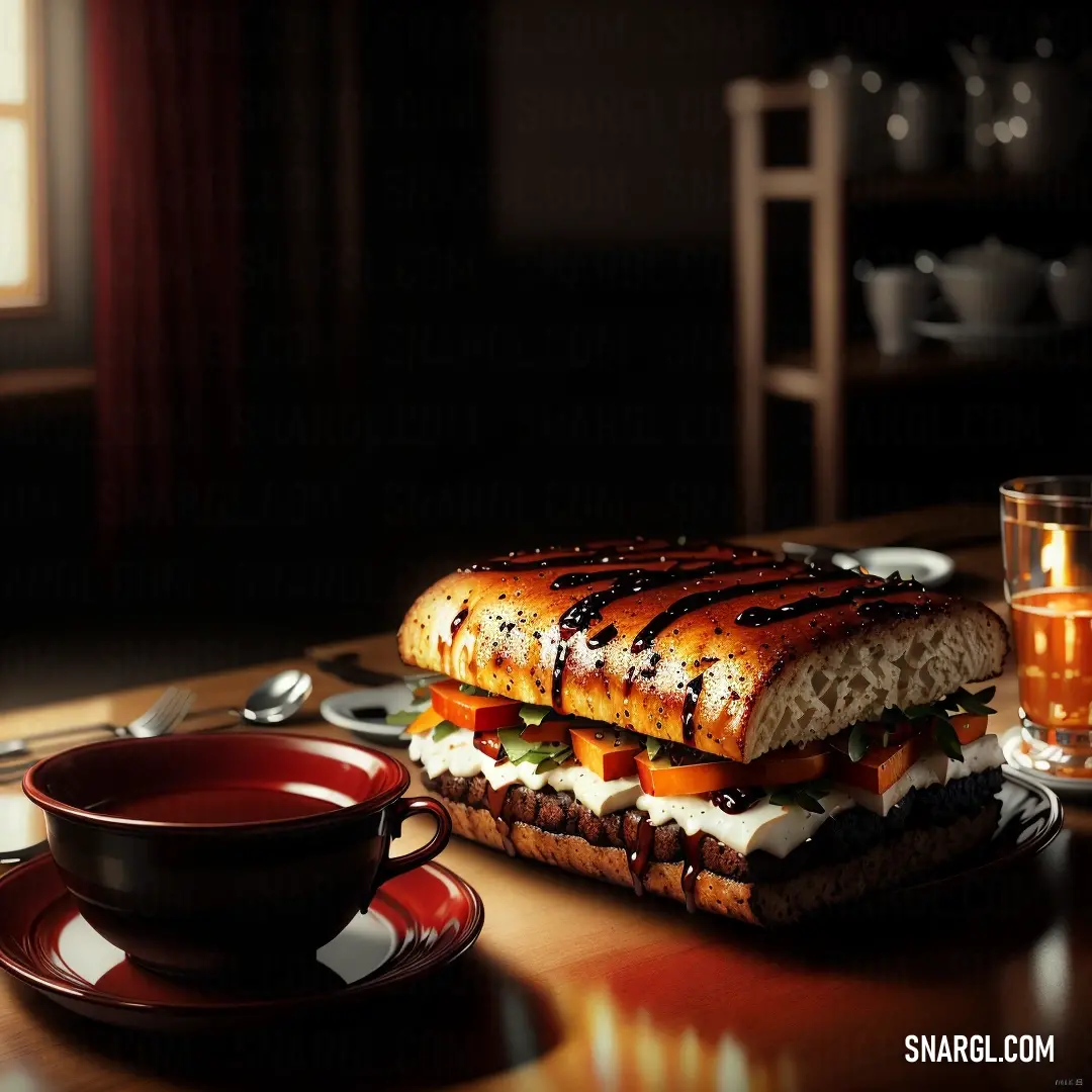 Sandwich and a cup of tea on a table in a dark room with a window and a candle. Color UP Maroon.