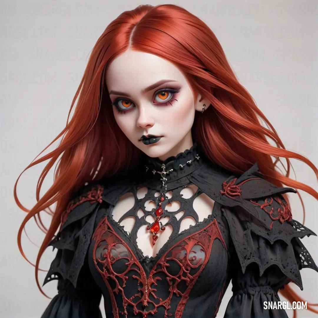 Doll with red hair and black clothes with a black collar and laces on her chest. Color #AE2029.