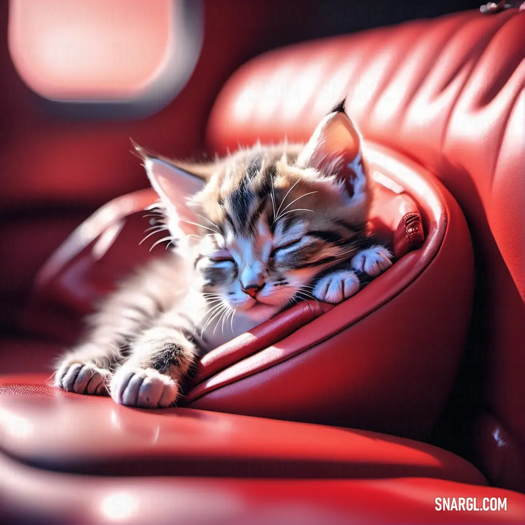 Kitten is sleeping on a red leather chair with its head on the arm rest of a red leather chair. Example of Upsdell red color.