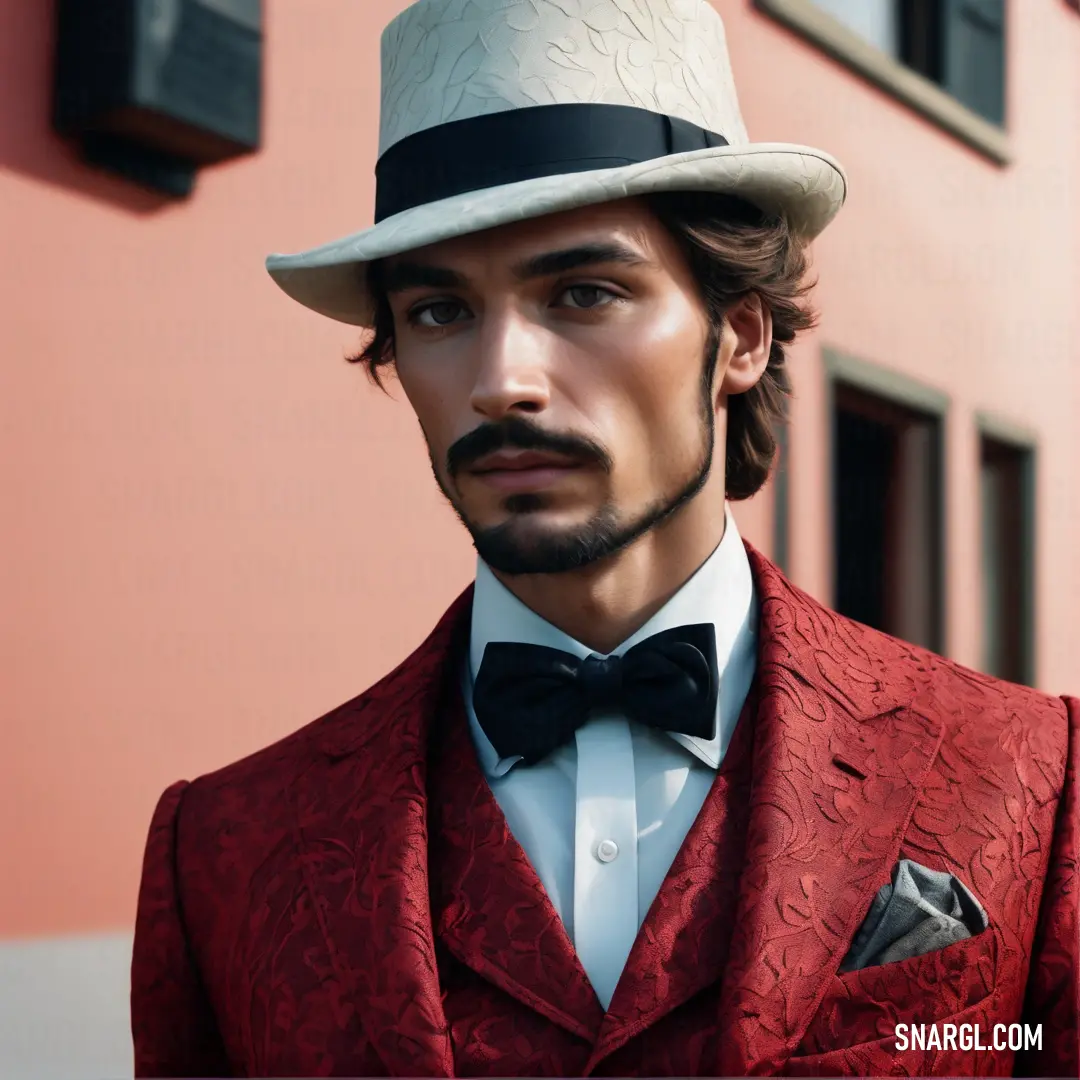 Upsdell red color. Man in a red suit and hat with a white top hat and a black tie and a pink building