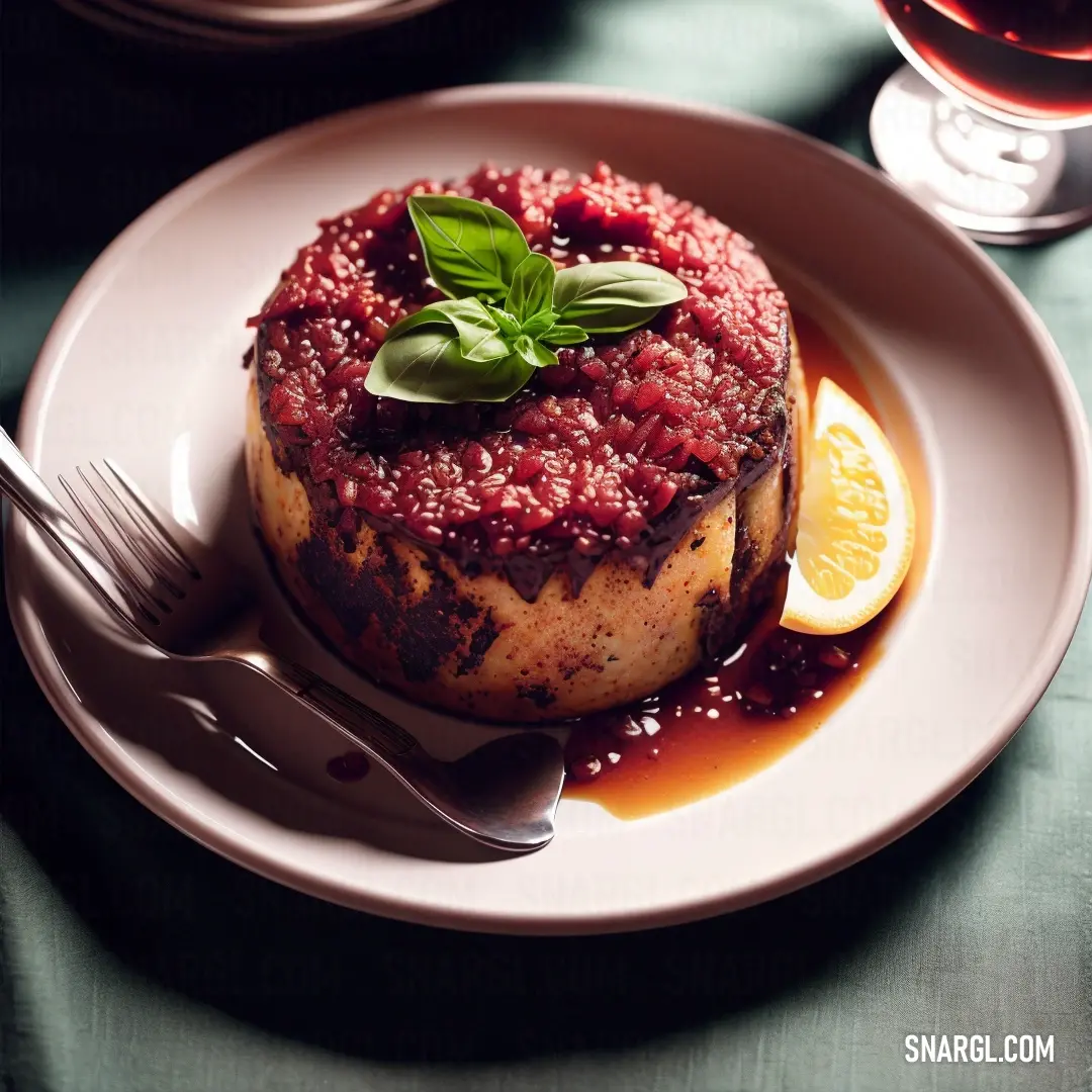 Plate with a dessert on it and a fork and a glass of wine in the background on a table