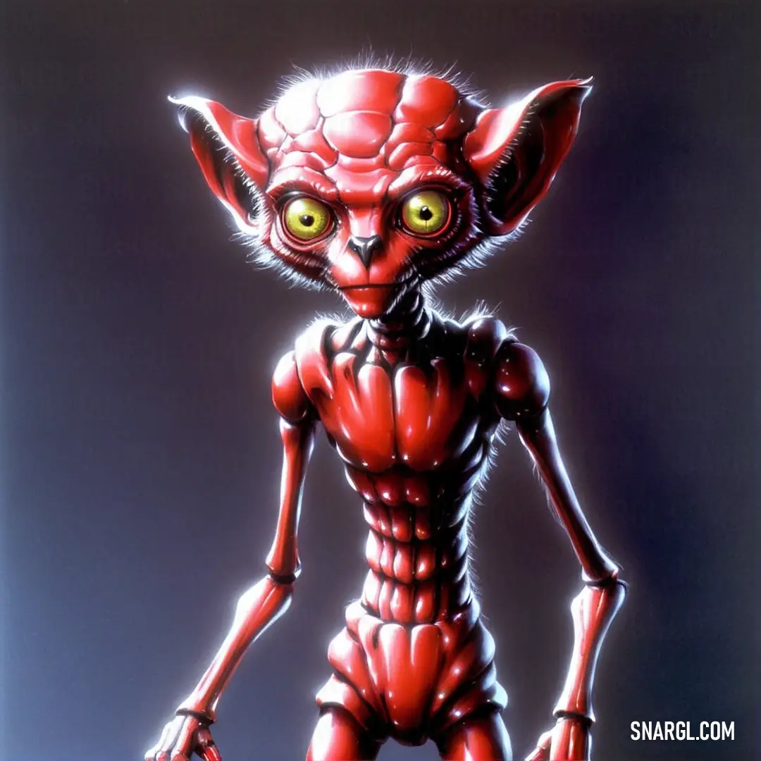 Red alien with big eyes and a weird body is standing in a pose with his hands on his hips. Example of RGB 174,32,41 color.