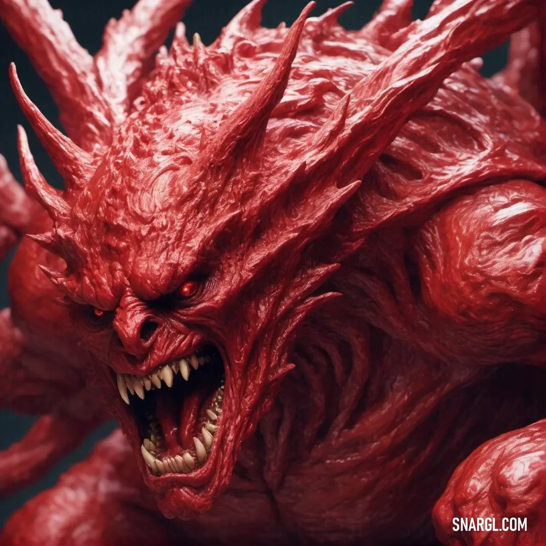 Red demon with its mouth open and teeth wide open, with a black background. Color #AE2029.