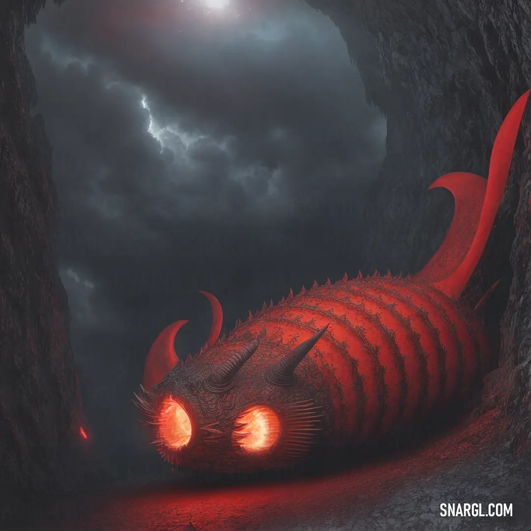 Upsdell red color example: Red dragon is in a cave with a light on its face and eyes glowing red in the dark