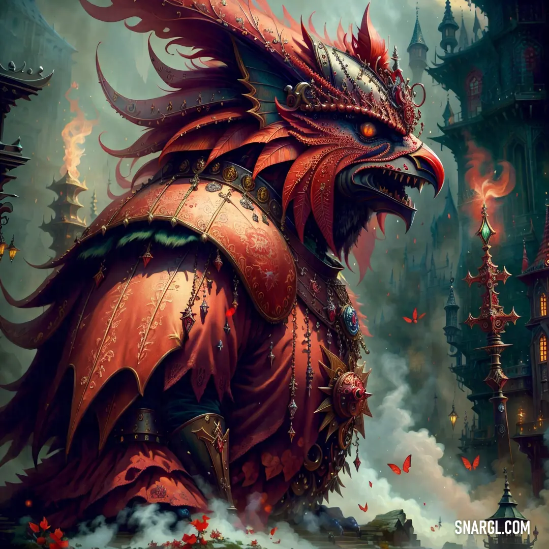 Red dragon with a huge head and a huge body of fire in its mouth and wings