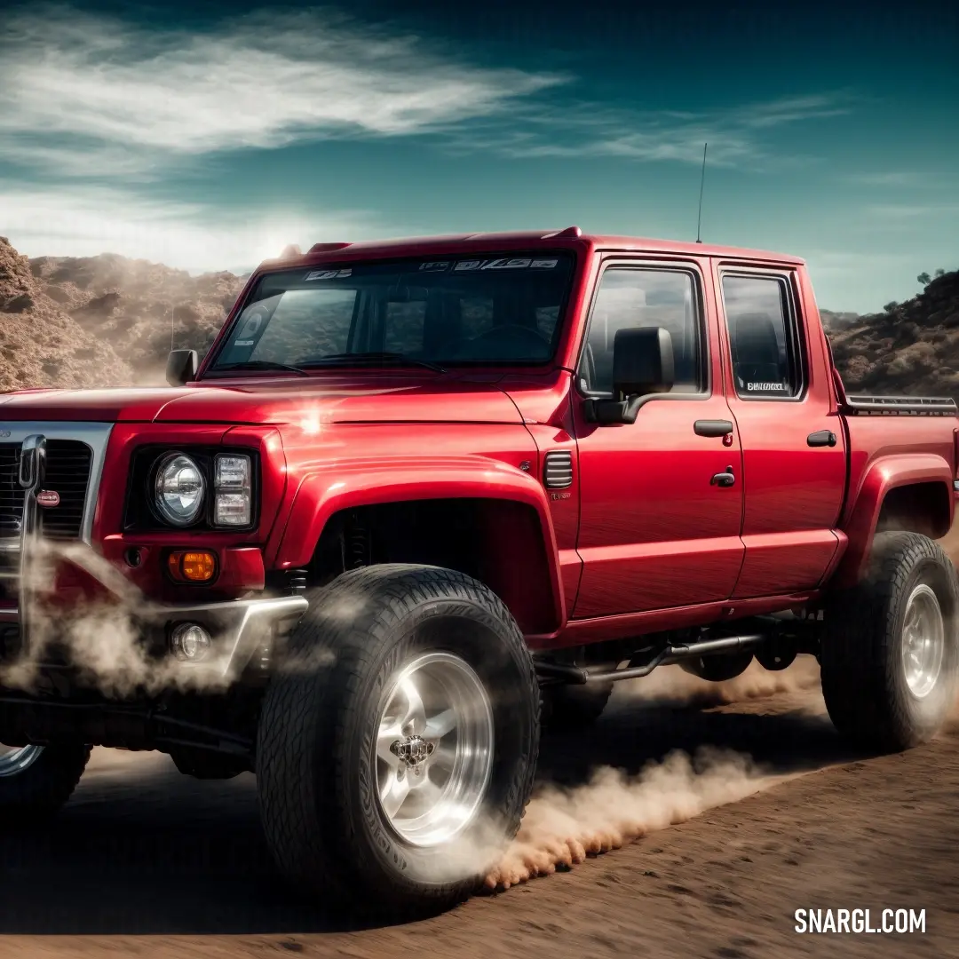 Red truck driving down a dirt road in the desert with smoke coming out of the tires and tires. Color CMYK 0,82,76,32.