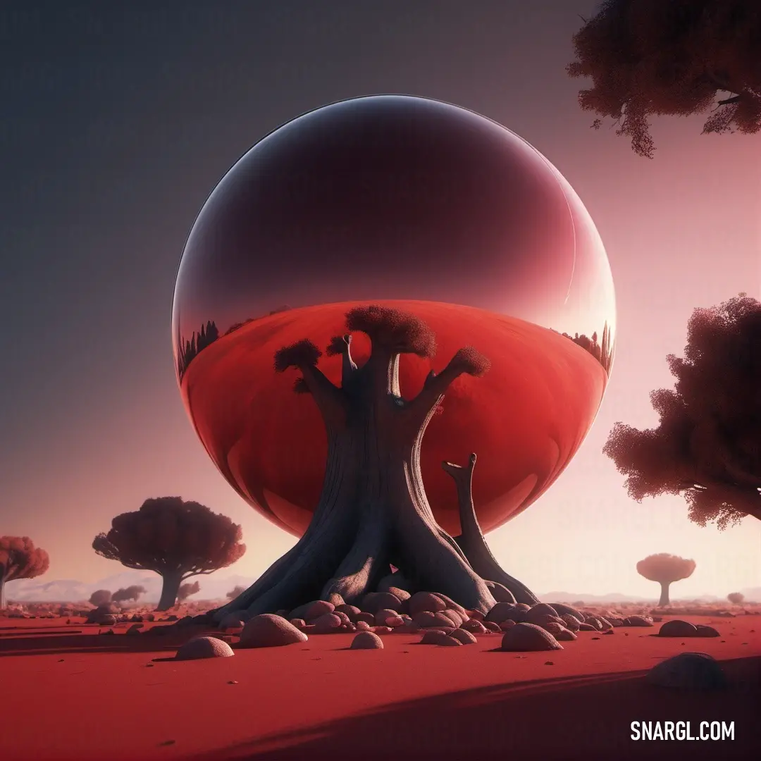 Surreal scene with a giant red object in the middle of a desert area with trees and rocks on the ground. Color #AE2029.