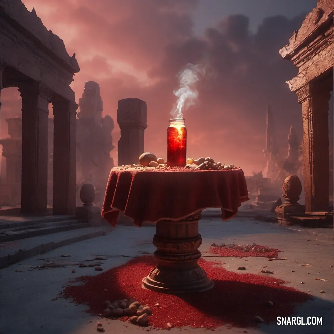 Upsdell red color. Table with a red cloth on it and a candle on top of it