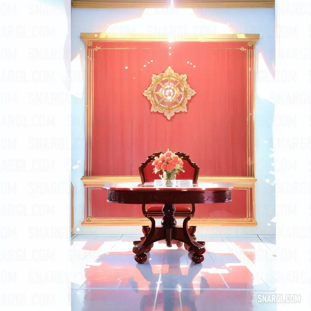 Room with a red wall and a table with a vase of flowers on it and a gold framed mirror. Color CMYK 0,82,76,32.