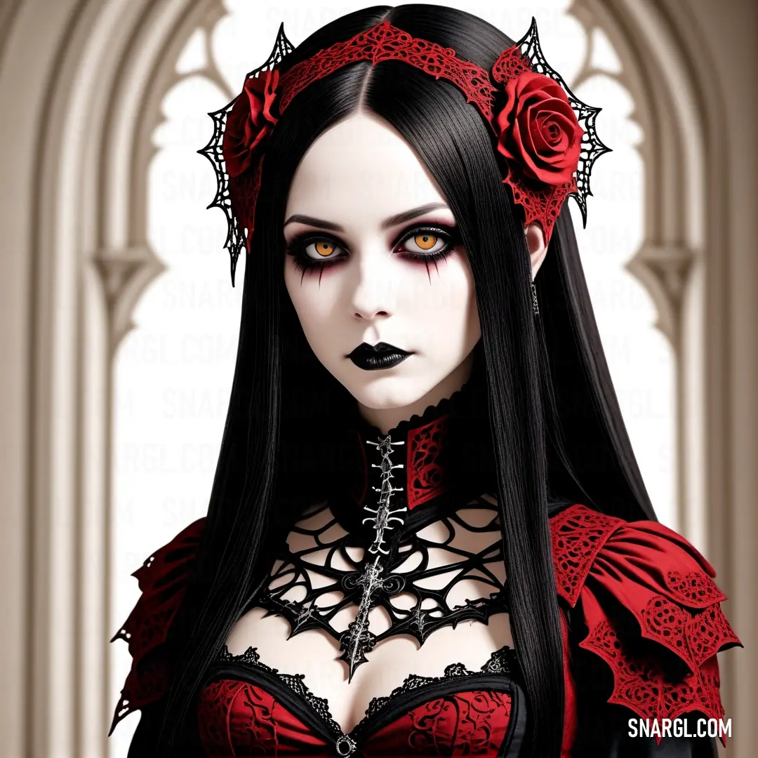 Woman with long black hair and red makeup wearing a gothic outfit with roses on her head. Example of RGB 174,32,41 color.