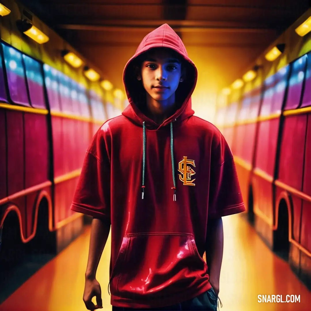 Young man in a red hoodie standing in a hallway with a red wall and red and yellow lights. Example of CMYK 0,82,76,32 color.