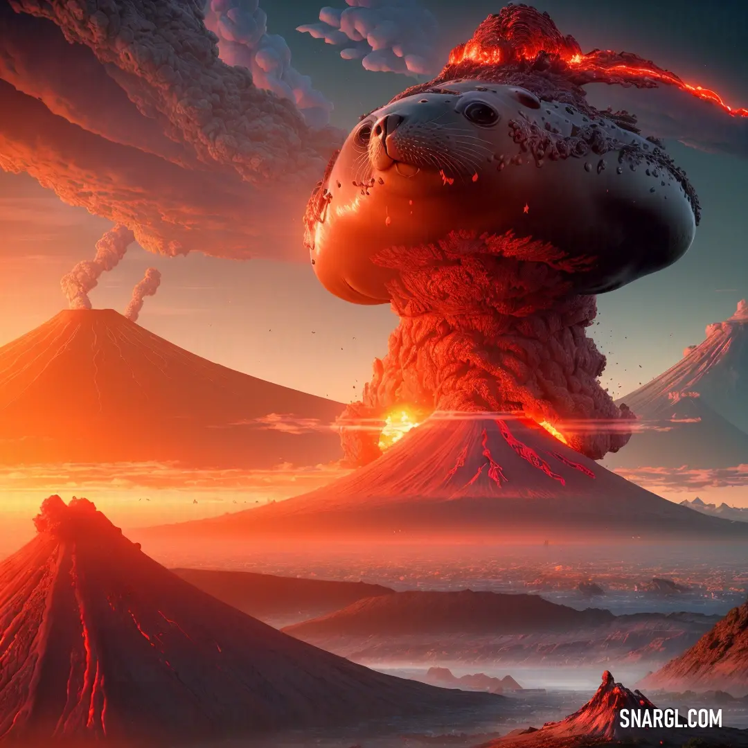 Volcano with a face on it surrounded by mountains and lavas in the sky with a sun setting behind it. Example of #AE2029 color.