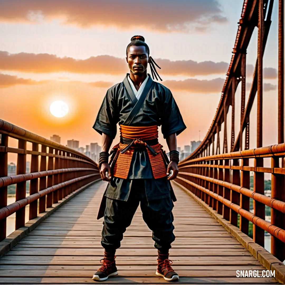 Man in a black and orange outfit standing on a bridge with a sunset in the background