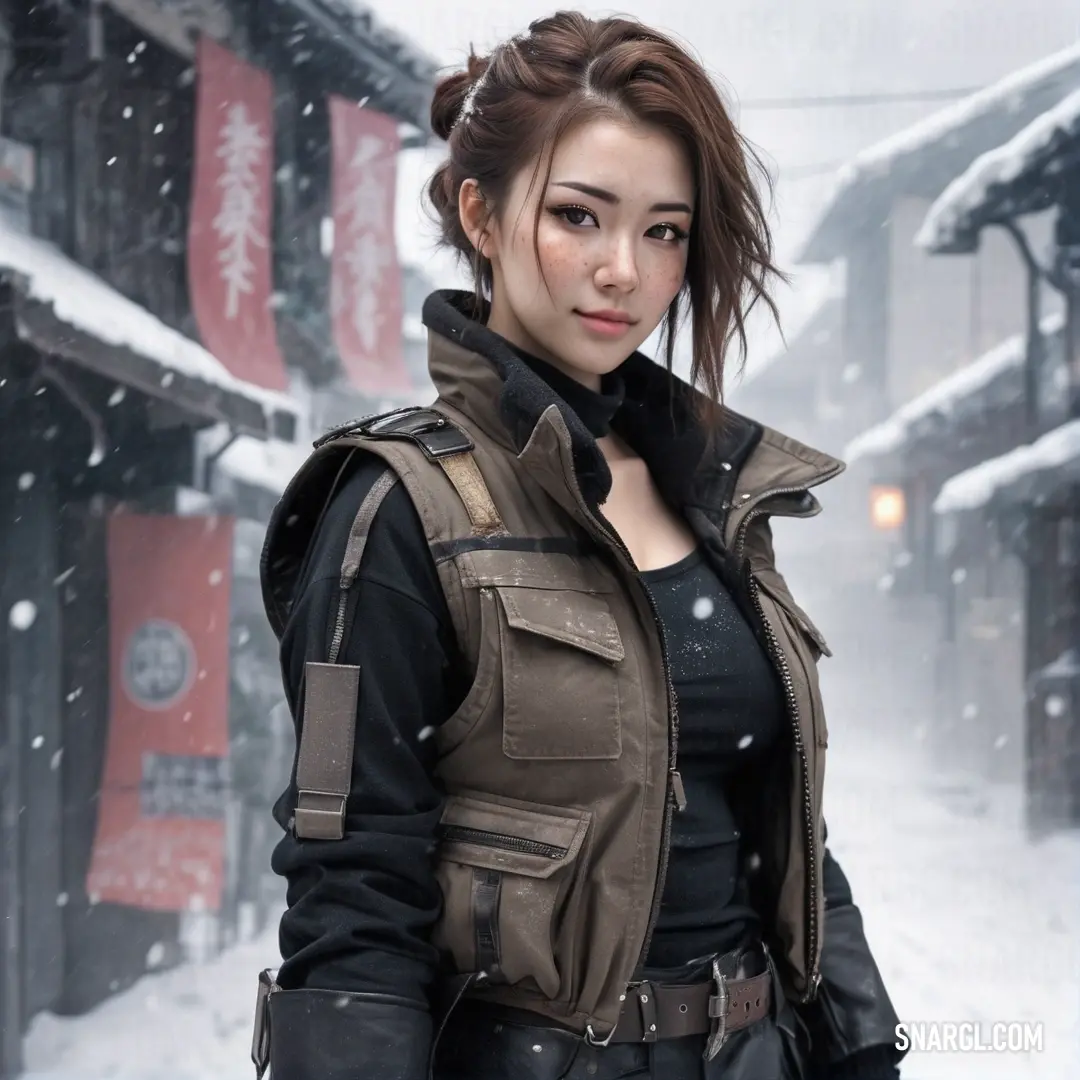 Woman in a black top and a brown jacket and a snow covered street and buildings