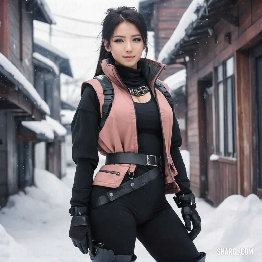 Woman in a black and pink outfit standing in the snow in front of a building