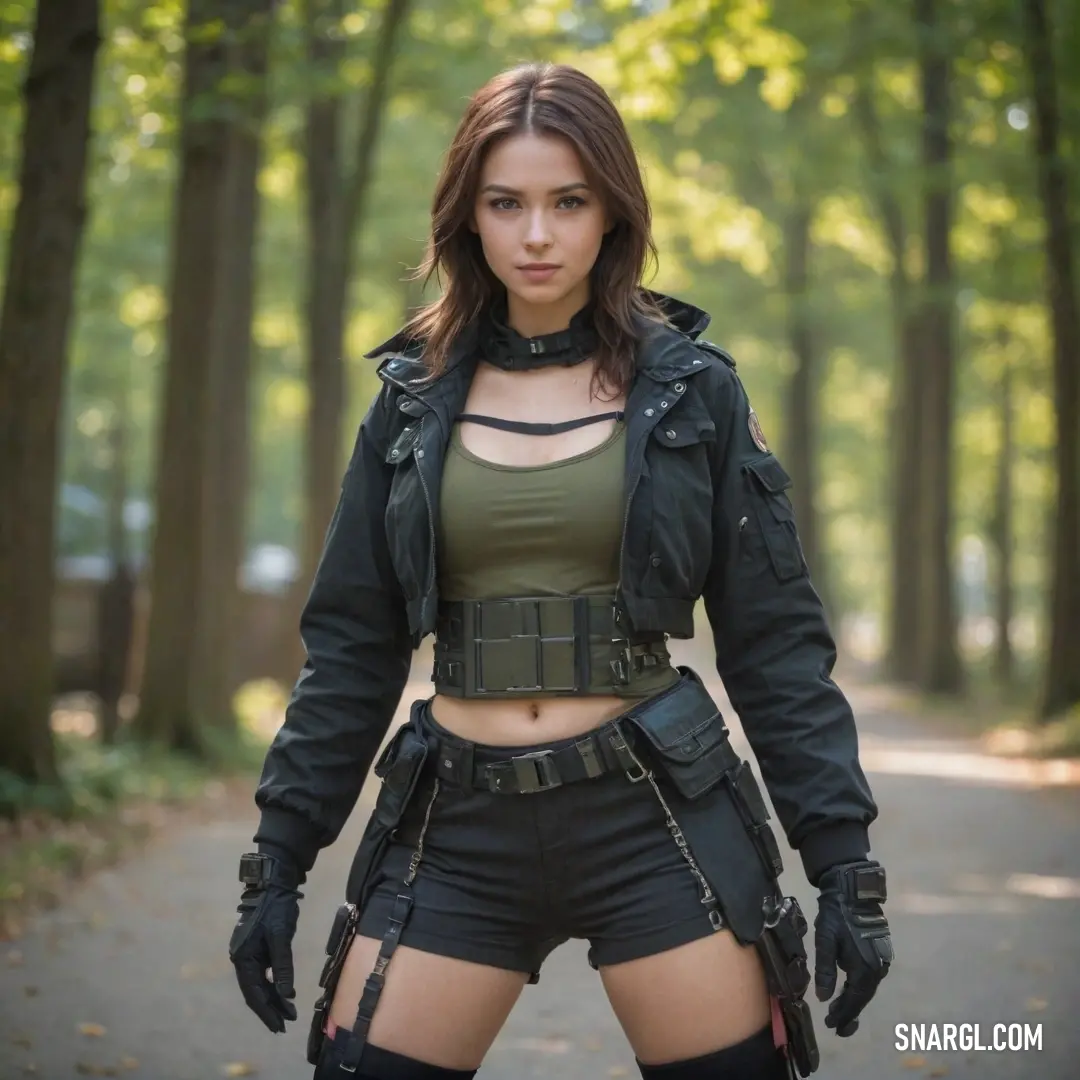 Woman in a leather outfit posing for a picture in the woods with trees in the background