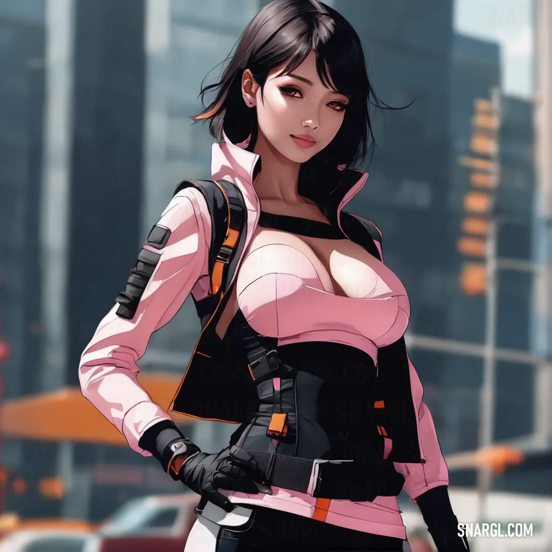 Woman in a pink outfit standing in a city street with a gun in her hand and a backpack on her shoulder