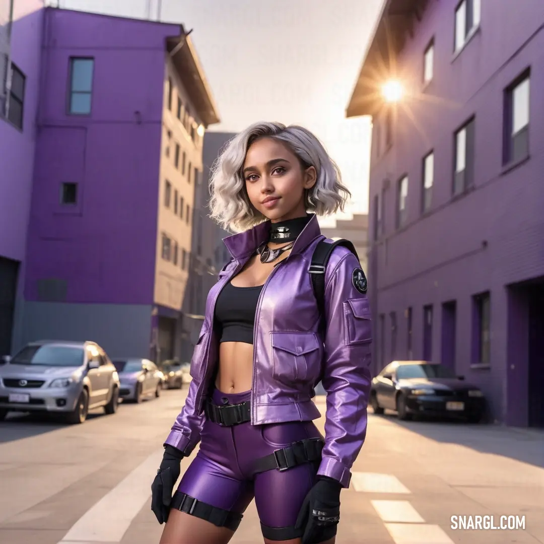 Woman in a purple outfit standing on a sidewalk in front of a building with a gun in her hand