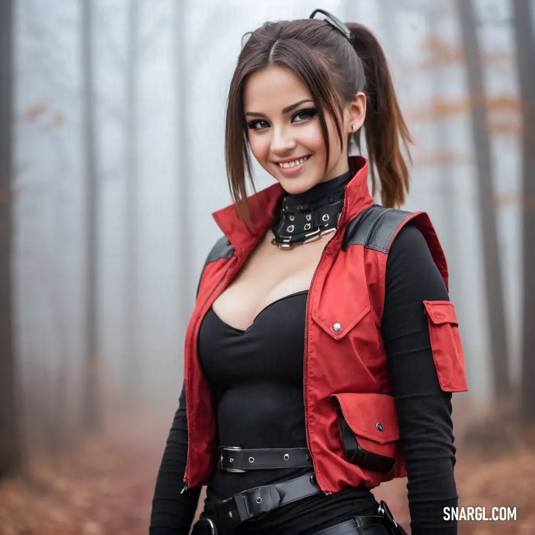 Woman in a red jacket and black top posing for a picture in the woods with a gun in her hand