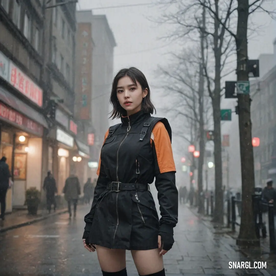 Woman standing on a city street in the rain wearing a short black dress and knee high boots with a leather jacket