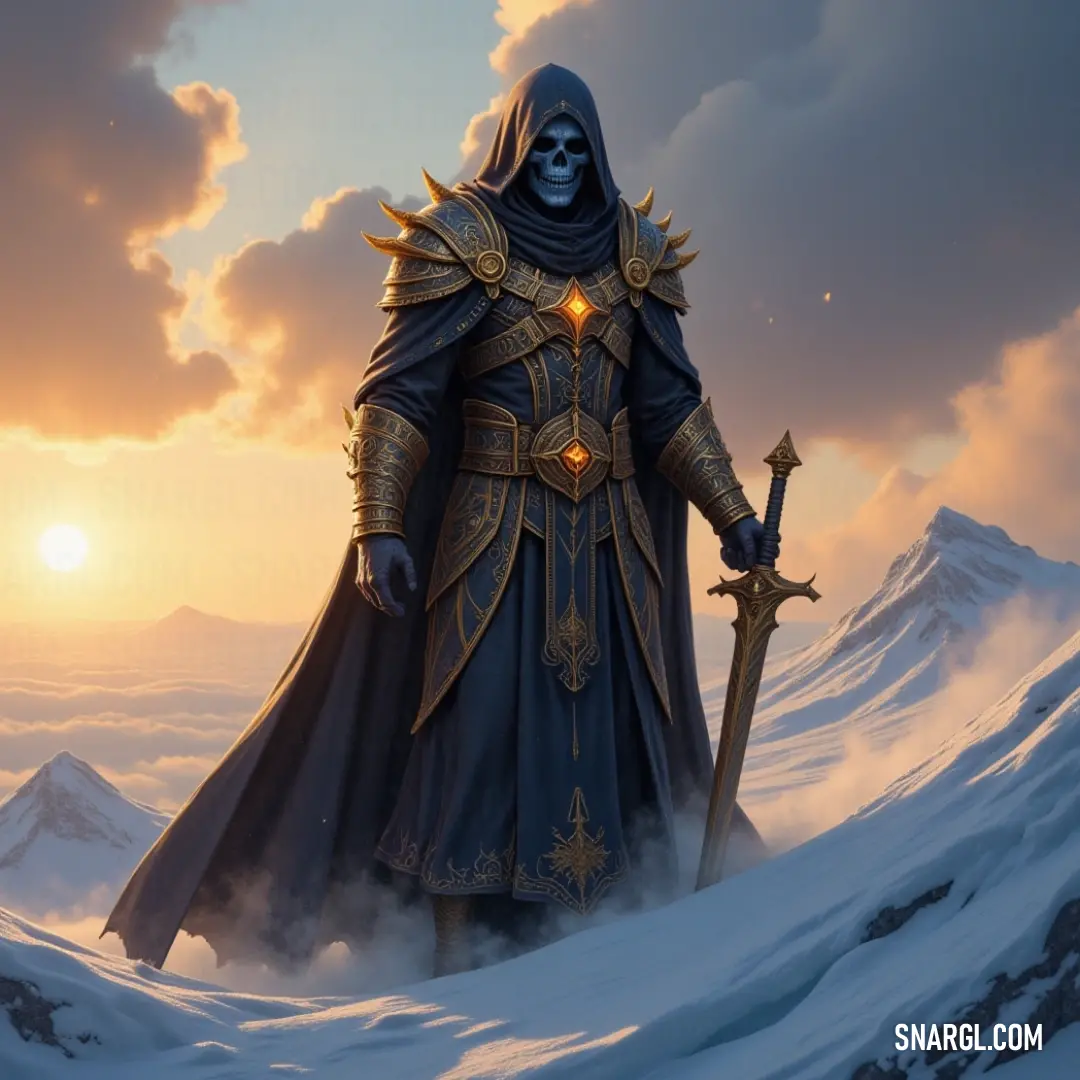 Urd, wearing a hooded outfit and holding a sword, stands in the snow with a towering mountain behind her, a fierce warrior in a frozen world. Urd, dressed in a hooded outfit, stands resolute in the snow, holding a sword with a mountain looming behind her. The icy landscape stretches out around her, marking her as a fierce warrior in the cold, unforgiving environment.