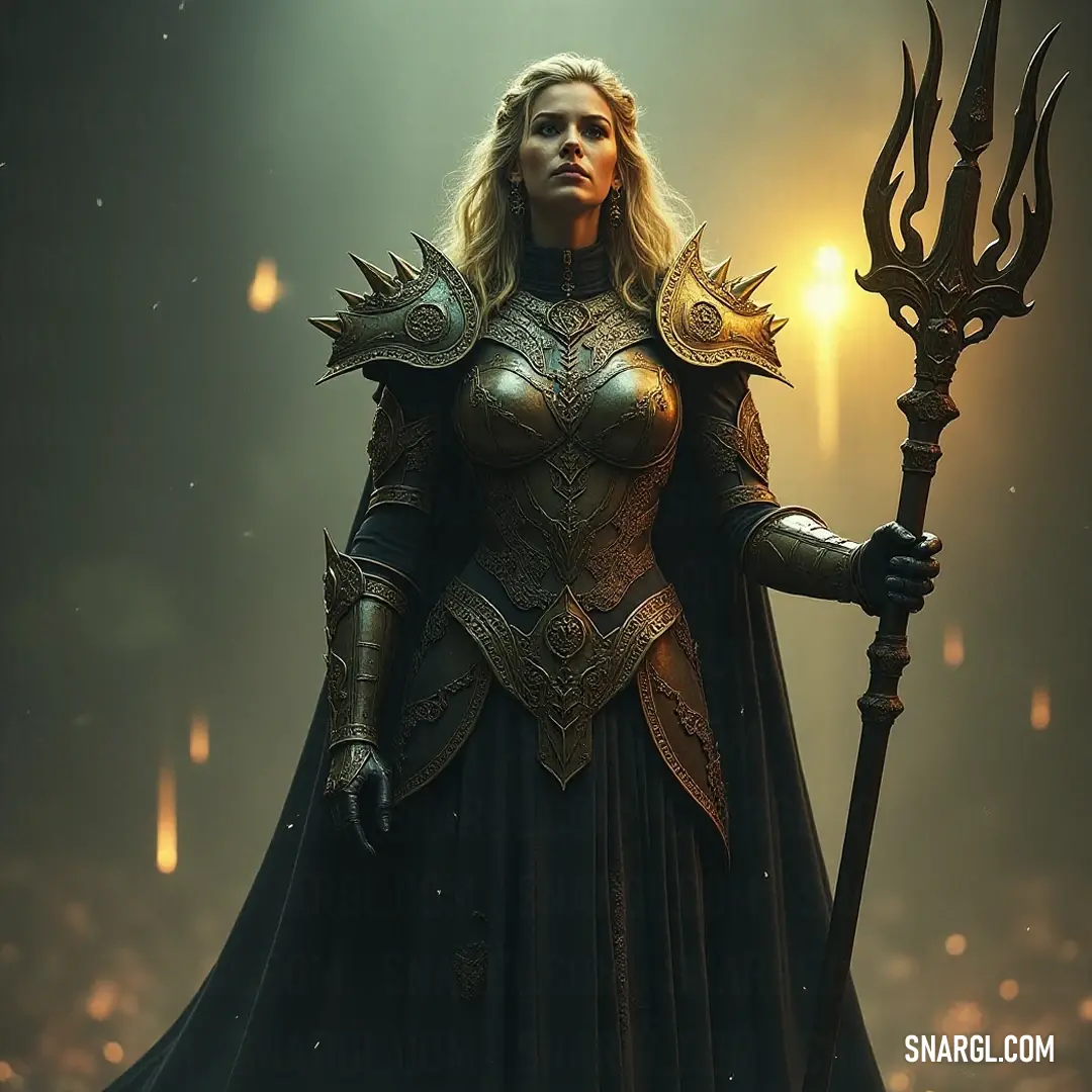 A regal figure in a stunning black dress, wielding a large metal staff and adorned with a golden crown. She stands resolutely, exuding an air of nobility and power, as whispers of ancient tales echo through the air around her.