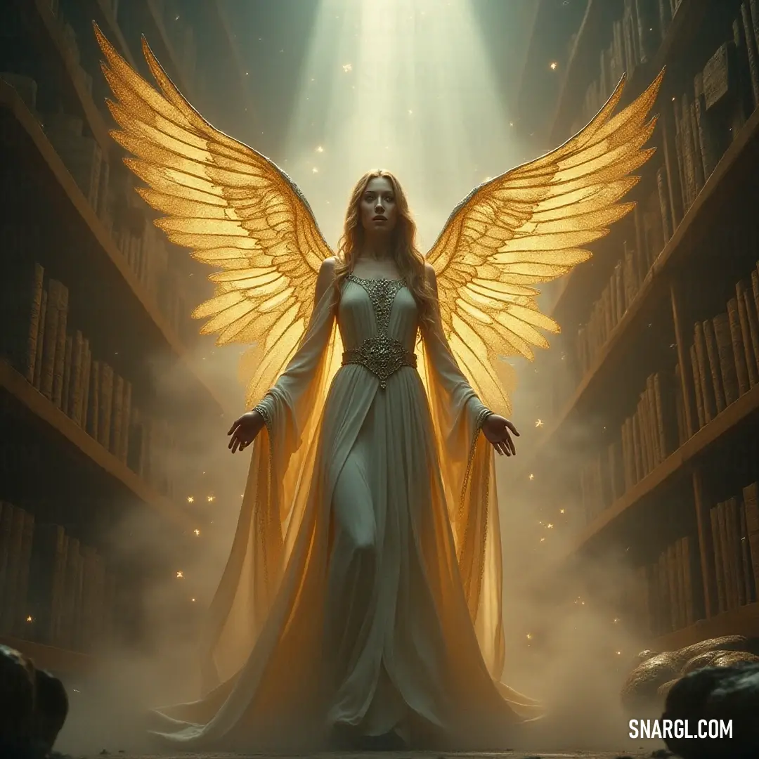 Uriel, with her wings outstretched, stands in a serene library, illuminated by a soft light, representing wisdom and inspiration. Uriel stands radiantly in a library, surrounded by towering bookshelves, her wings extending gracefully as a warm light shines upon her, symbolizing knowledge and enlightenment.