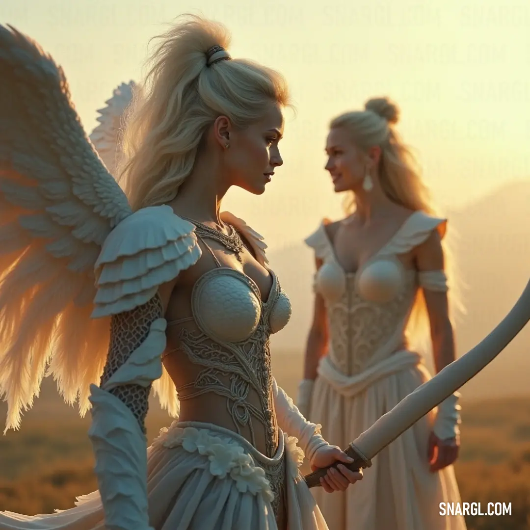 The harmony of two celestial women unfolds in a tranquil moment, dressed in luminous white with radiant wings, each holding a bow and exuding an aura of elegance and purpose, destined to weave their destinies together. Two ethereal women, clad in flowing white attire, stand together, their wings glistening in the light as they grasp bows with determination, embodying strength and grace in a moment of poised unity within a serene landscape.