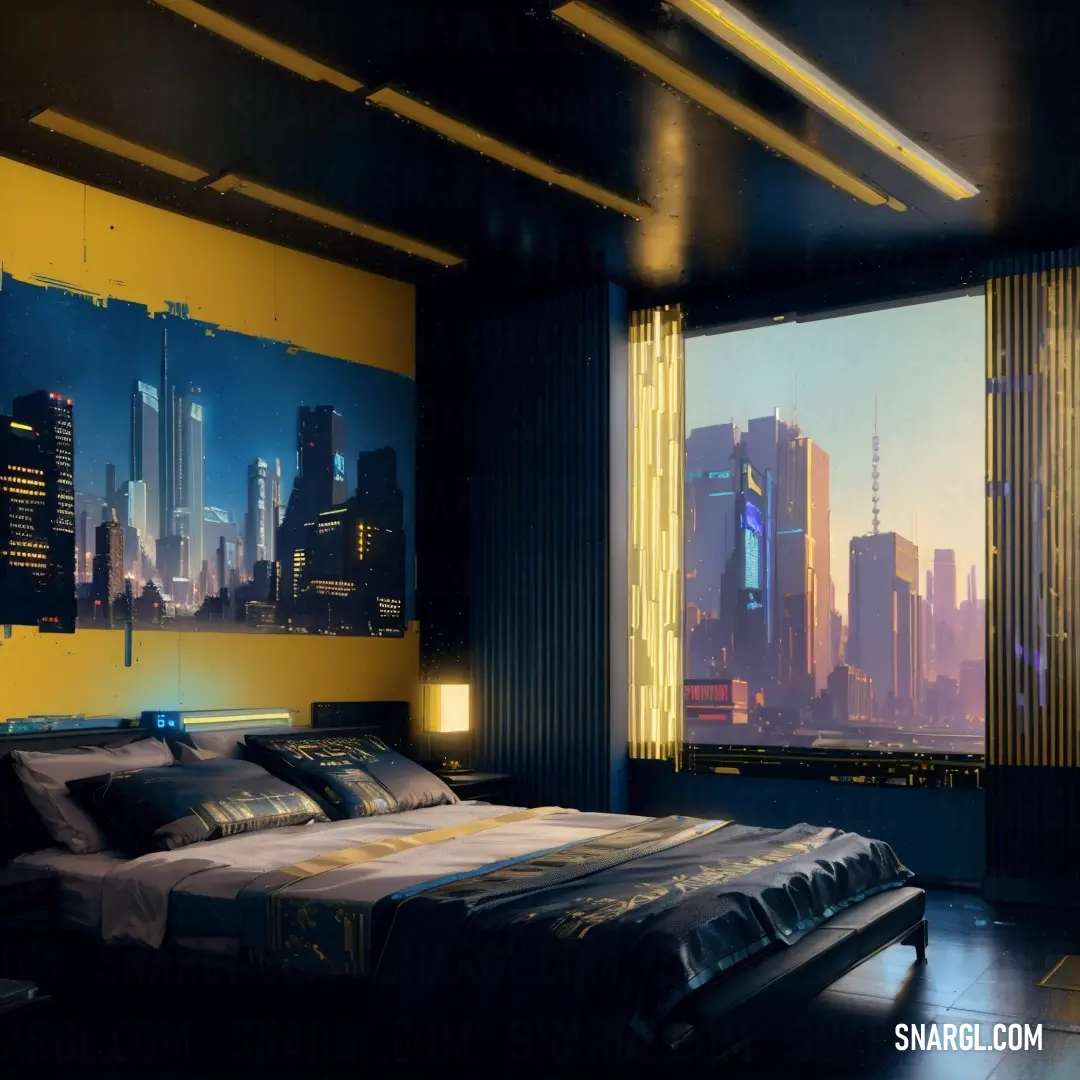 Bedroom with a city skyline painting on the wall and a bed in the middle of the room with a night light