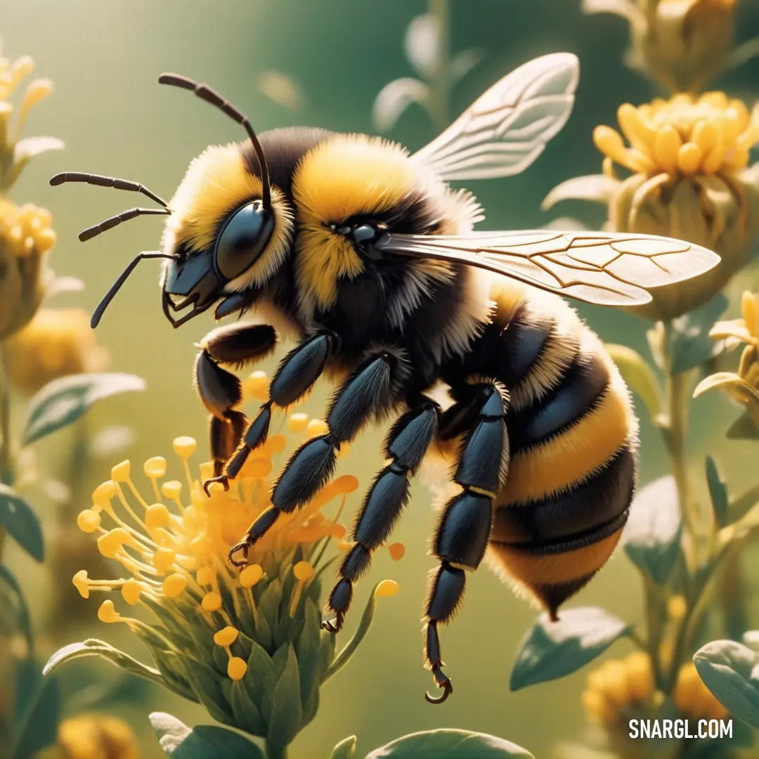 Bee is flying over a flower with yellow flowers in the background. Example of CMYK 0,23,85,12 color.