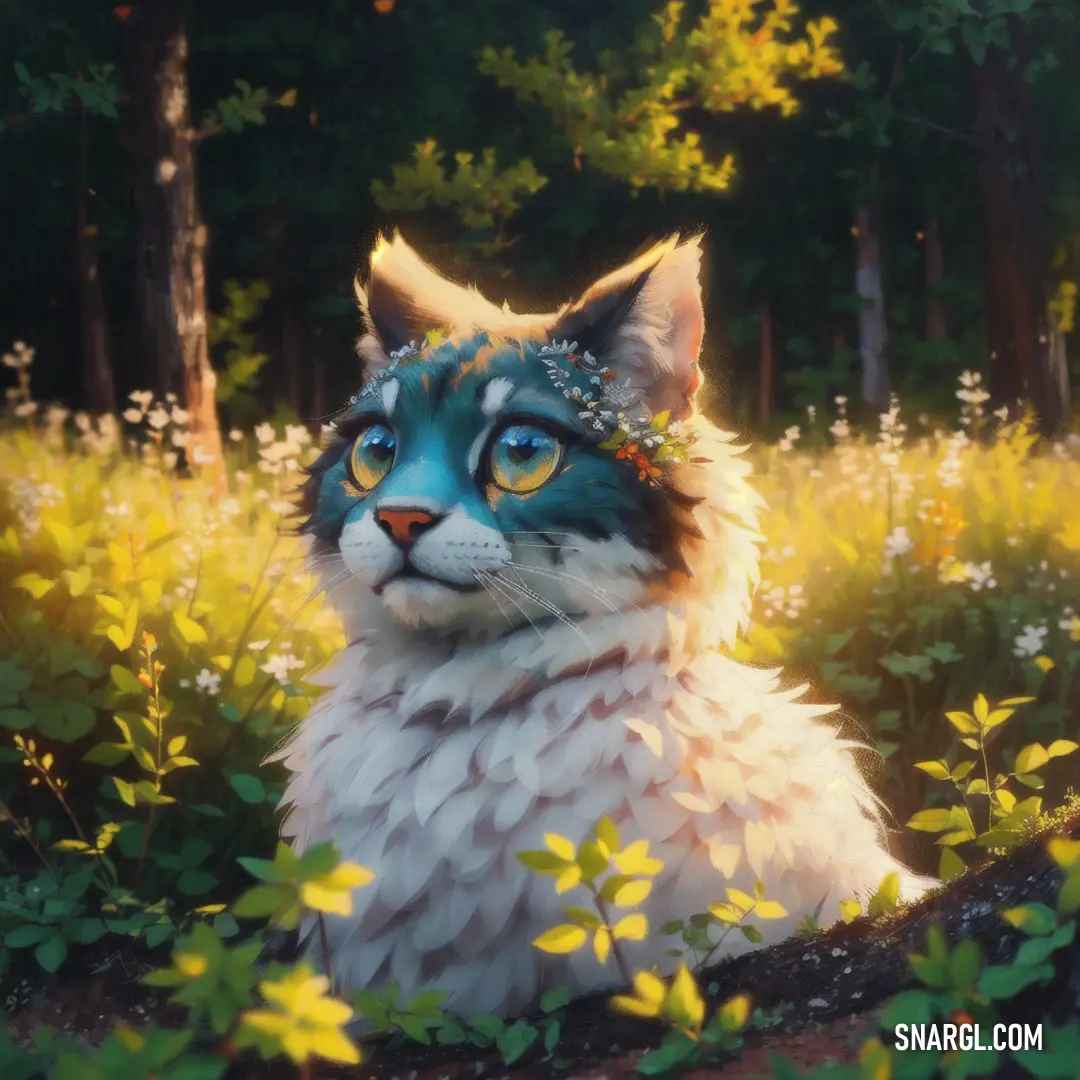 Cat with blue eyes in a field of flowers and trees in the background. Example of CMYK 0,23,85,12 color.
