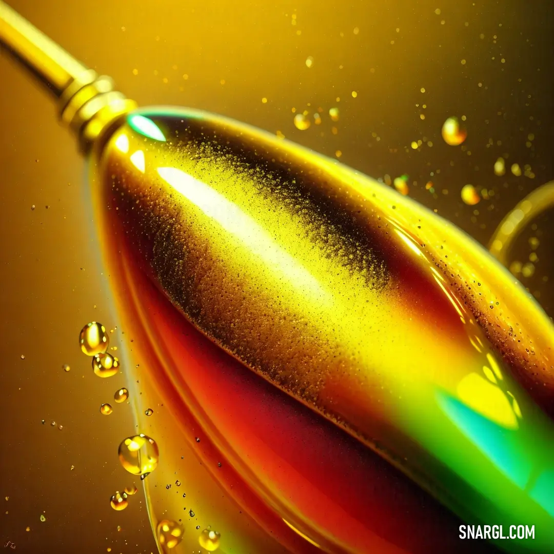 Close up of a liquid drop on a spoon with a yellow handle and a green tip on the tip