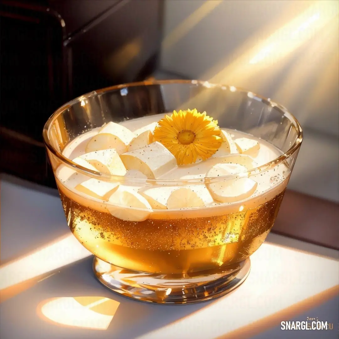 Glass bowl filled with ice and a flower on top of it on a table top with sunlight coming through the window