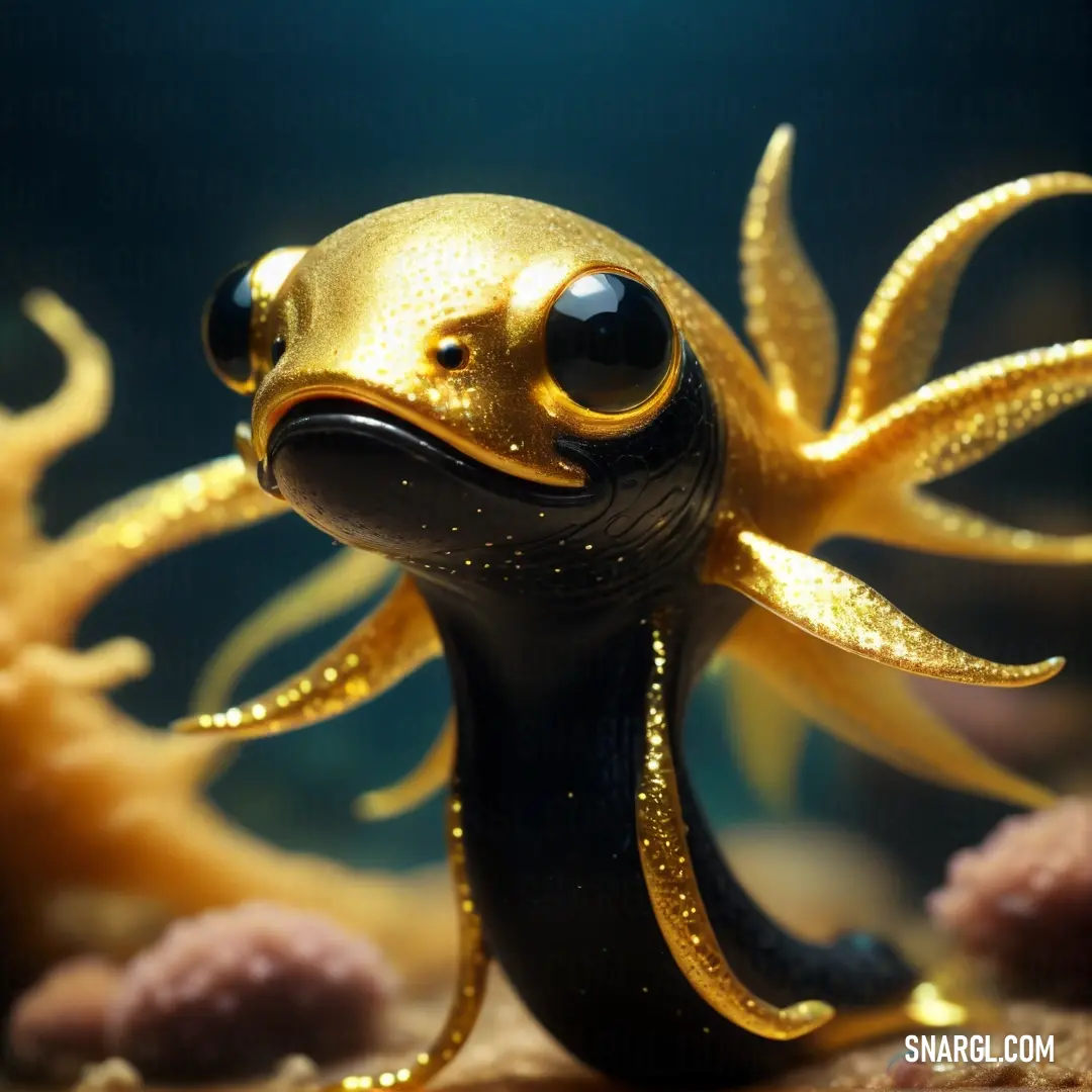 Gold colored octopus with a black nose and eyes on a rock in a sea aquarium with corals. Example of CMYK 0,23,85,12 color.