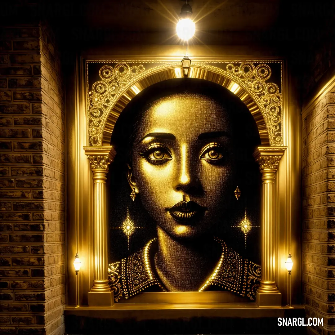 Gold framed portrait of a woman in a gold frame with a light on it's head and a brick wall behind it