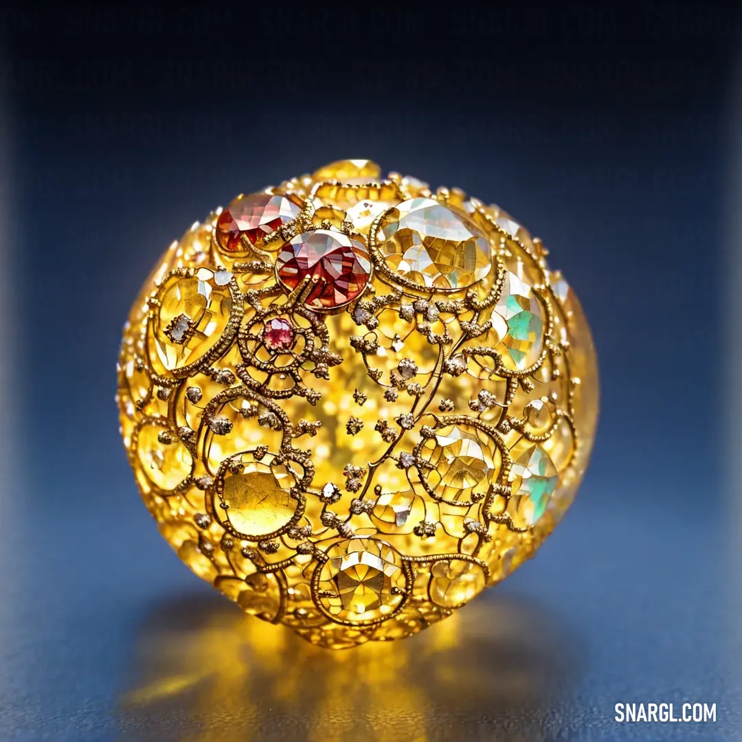 Golden ball with many different colored stones on it's surface