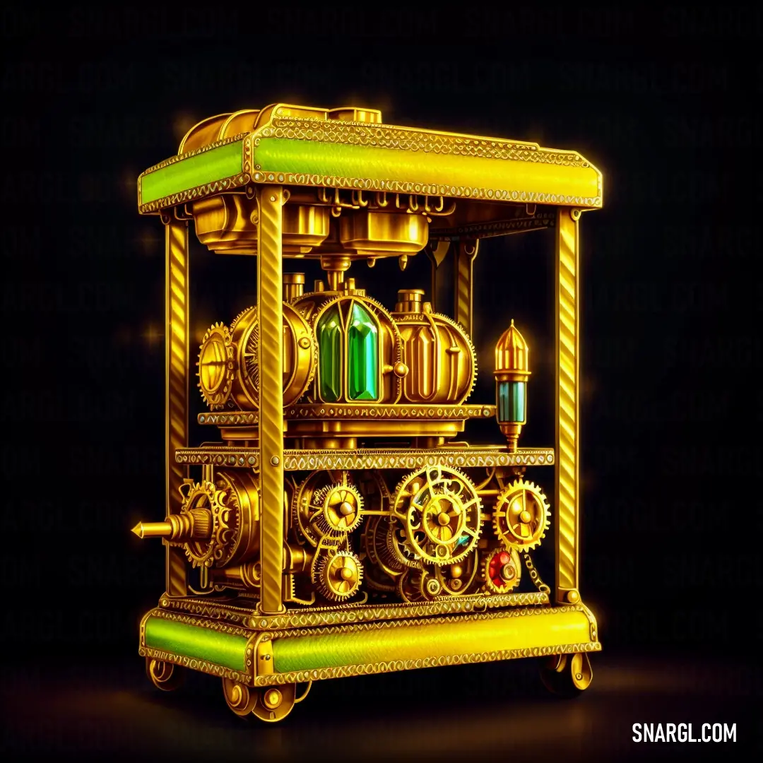 Golden mechanical device with gears and wheels on a black background
