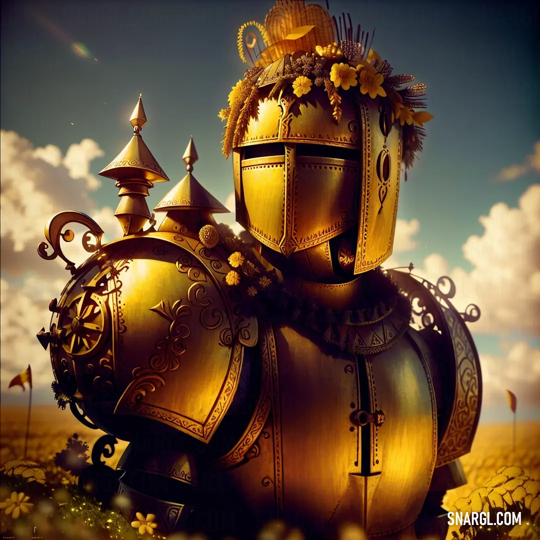 Golden robot with a helmet on it's head standing in a field of flowers and grass with a sky background