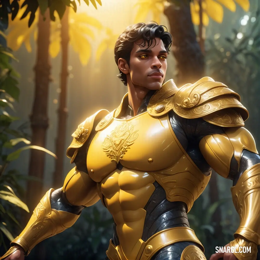 Man in a yellow armor standing in a forest with trees and plants behind him. Example of CMYK 0,23,85,12 color.