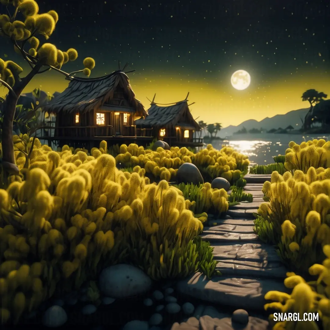 Painting of a house in the middle of a field of flowers at night with a full moon in the background. Color RGB 225,173,33.