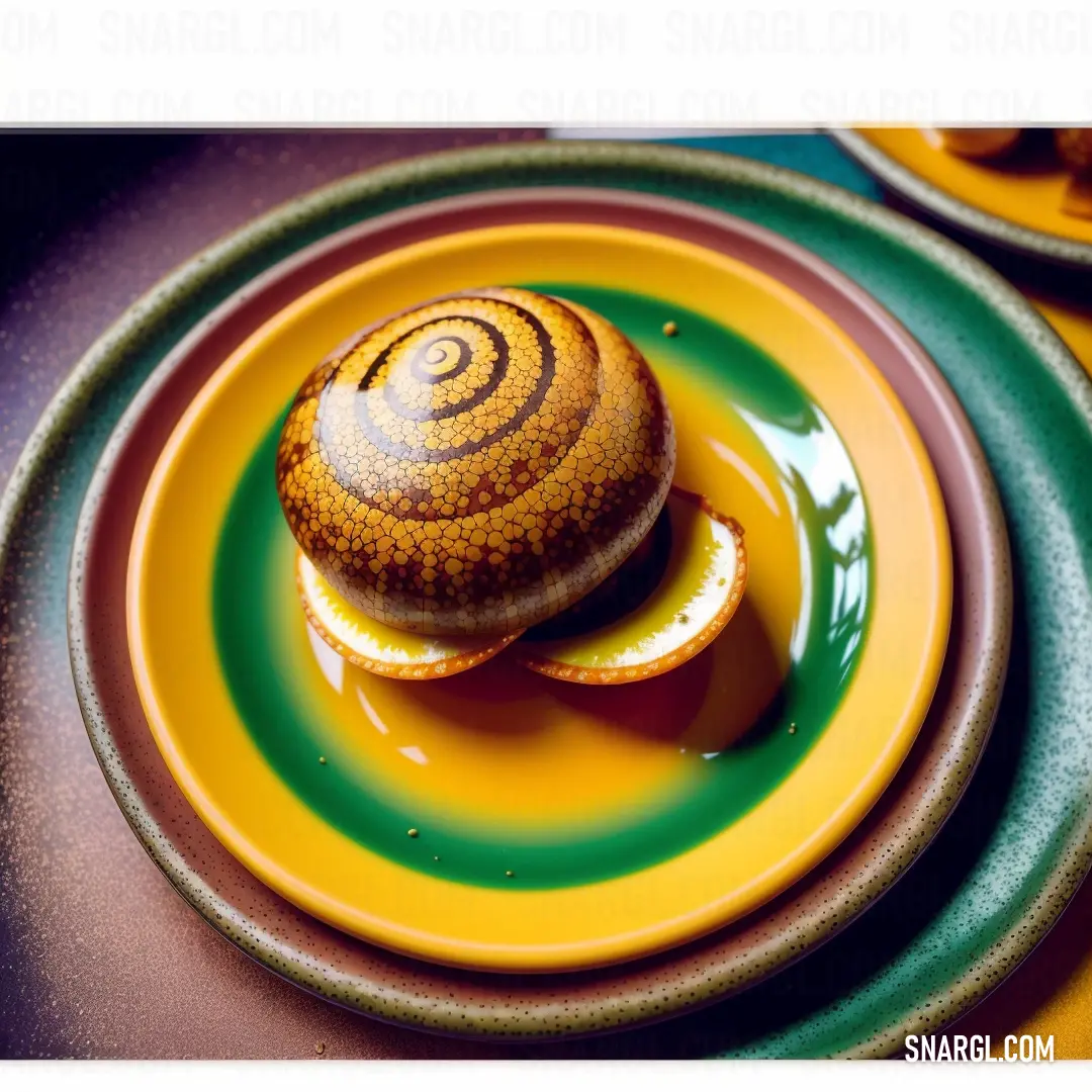 Plate with a pastry on it on a table with other plates and bowls of food on it and a napkin. Color Urobilin.