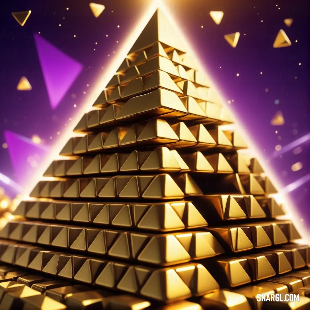 Pyramid of gold cubes with a bright background. Example of RGB 225,173,33 color.