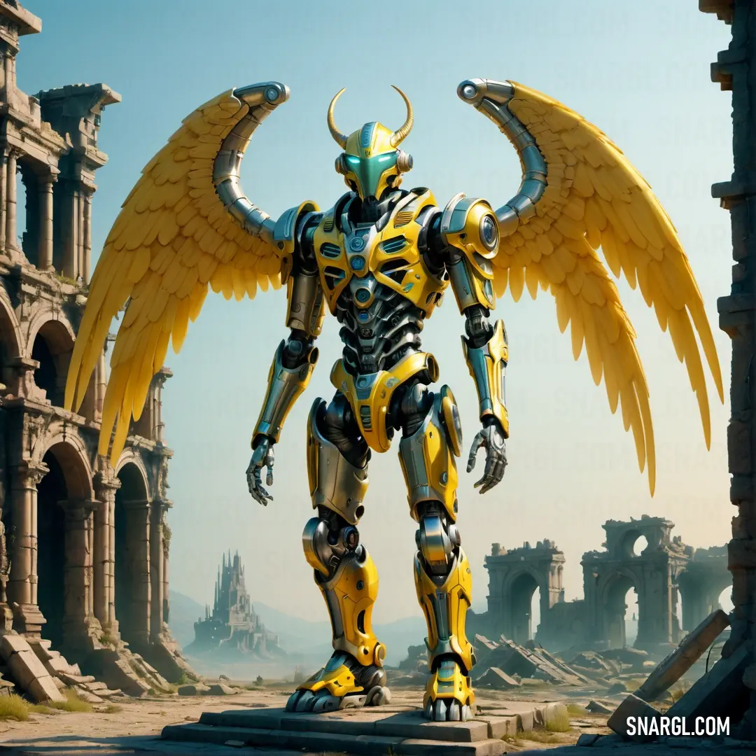 Robot with wings standing in front of a ruined building with ruins in the background. Color Urobilin.