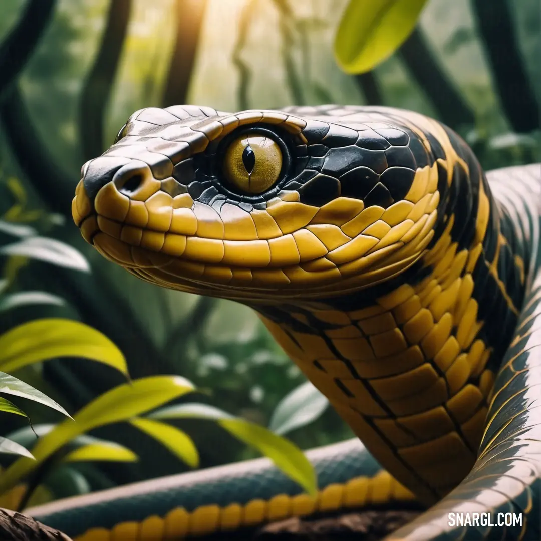 Snake with a yellow and black stripe on its head and a green background. Color Urobilin.