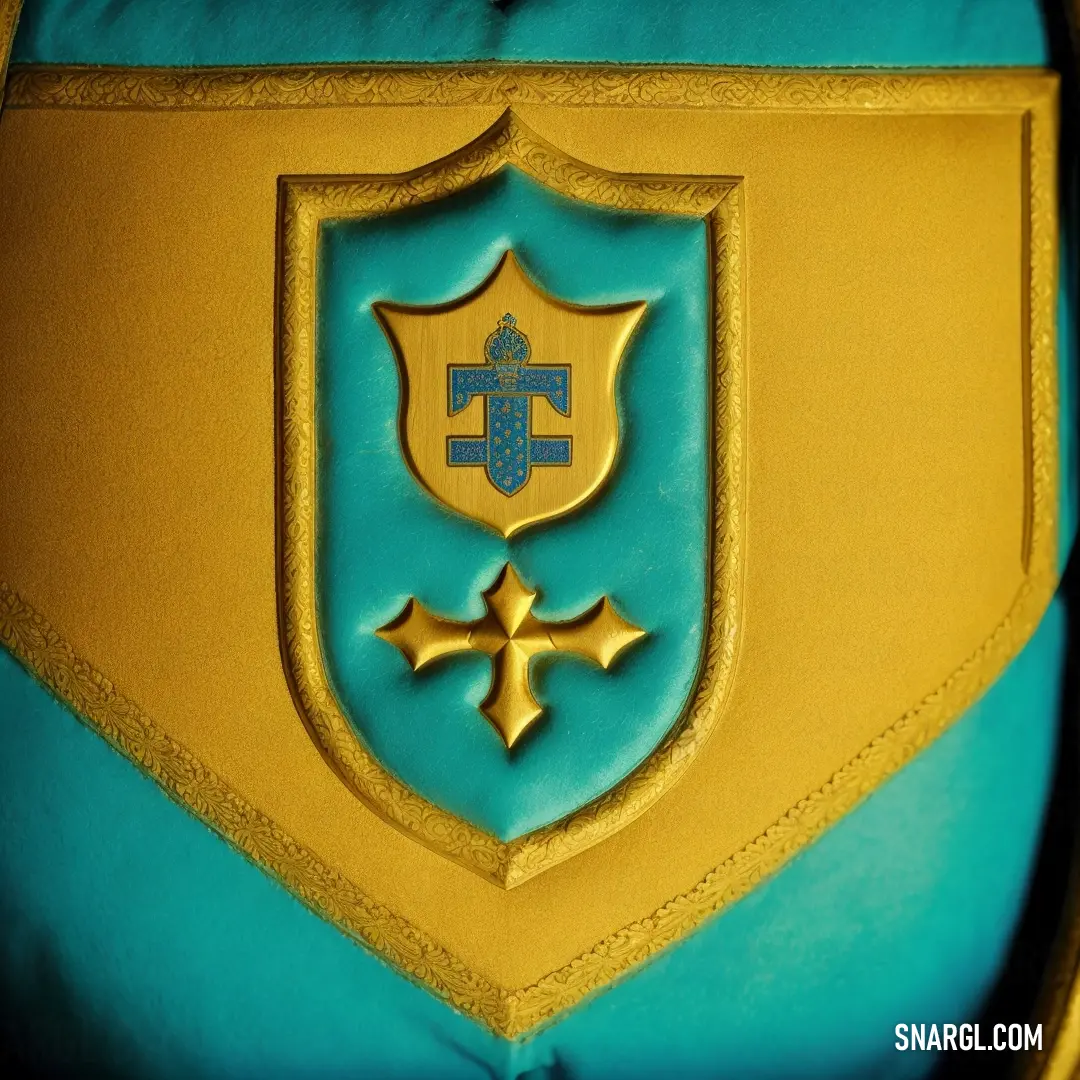 Blue and gold shield with a cross on it's side and a cross on the back of it. Example of RGB 225,173,33 color.