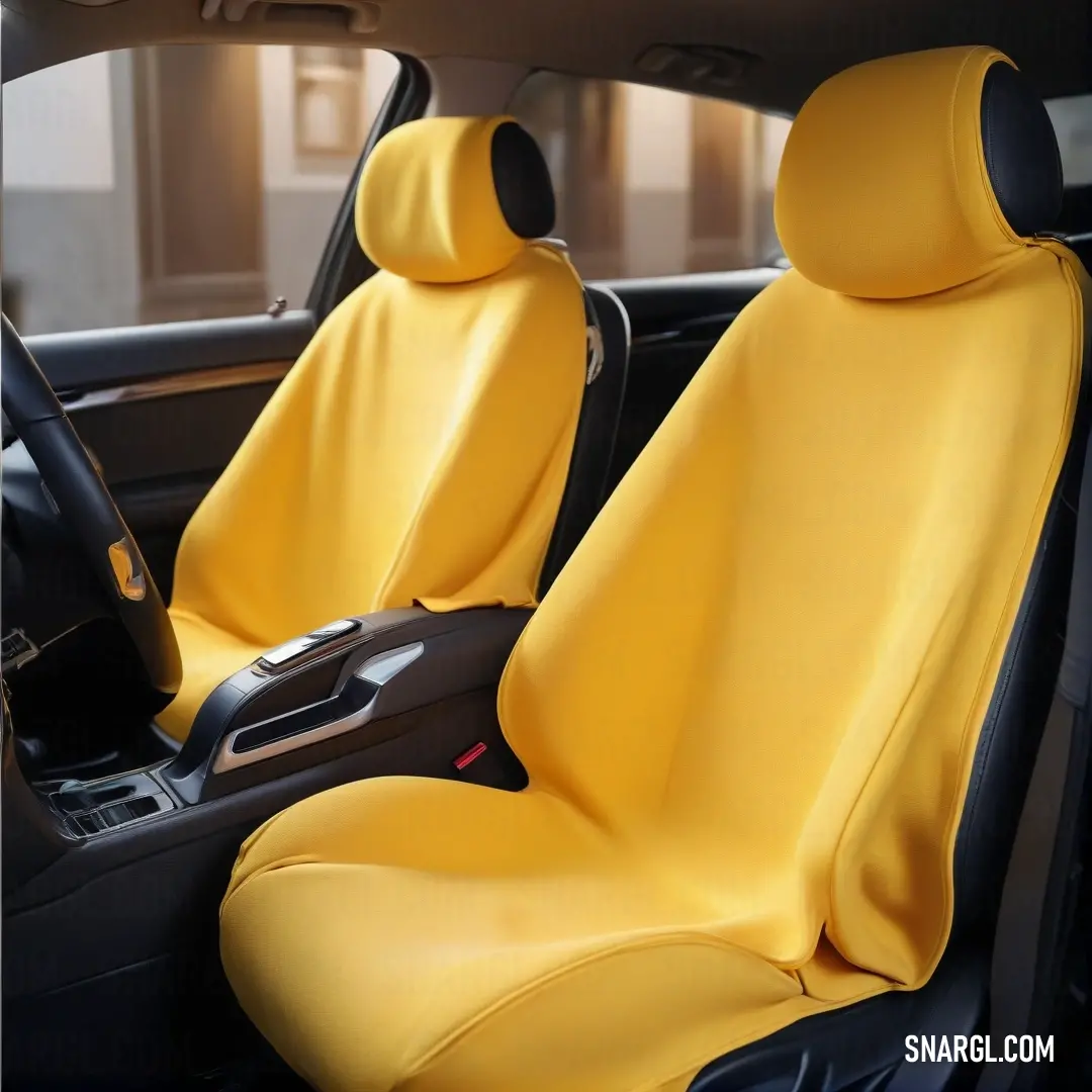 Car with yellow cloth and black leather seats and a black dash board and steering wheel cover on the front of the car