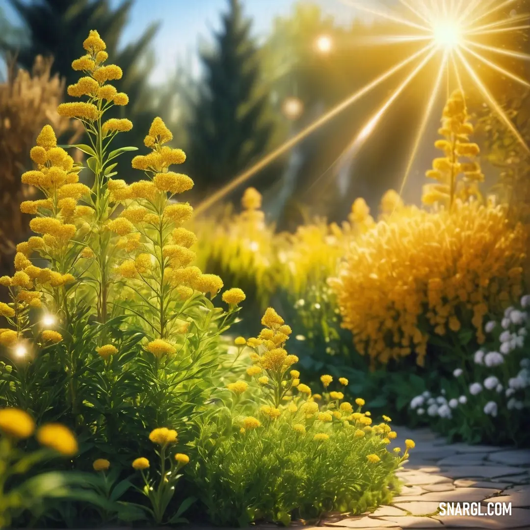 Garden with yellow flowers and a path leading to it with the sun shining through the trees and bushes. Example of RGB 225,173,33 color.