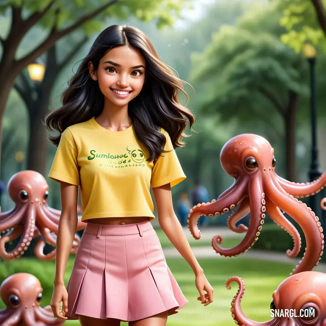 Girl in a yellow shirt and pink skirt standing next to an octopus statue in a park with trees. Color CMYK 0,23,85,12.