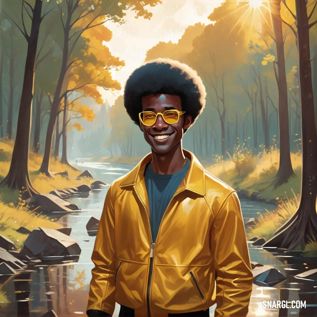 Man with a yellow jacket and sunglasses standing in front of a river in the woods with trees and rocks. Color CMYK 0,23,85,12.